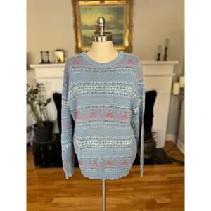 Vintage 80s 90s sweater, blue pink 100% cotton sweater spring floral by Amana, M